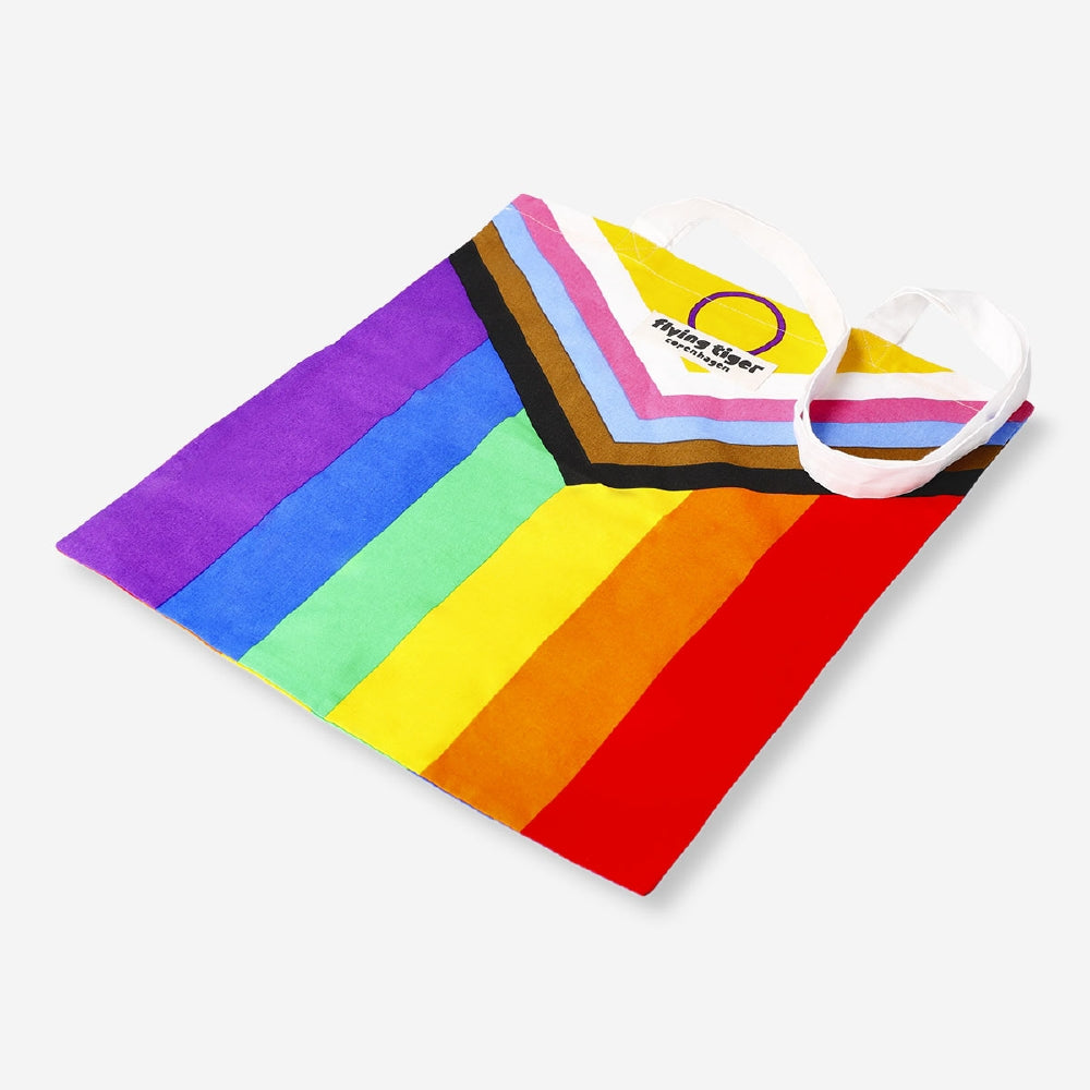 Flying Tiger Copenhagen rainbow flag print tote bag made of textile with colorful rainbow flag design on the front.