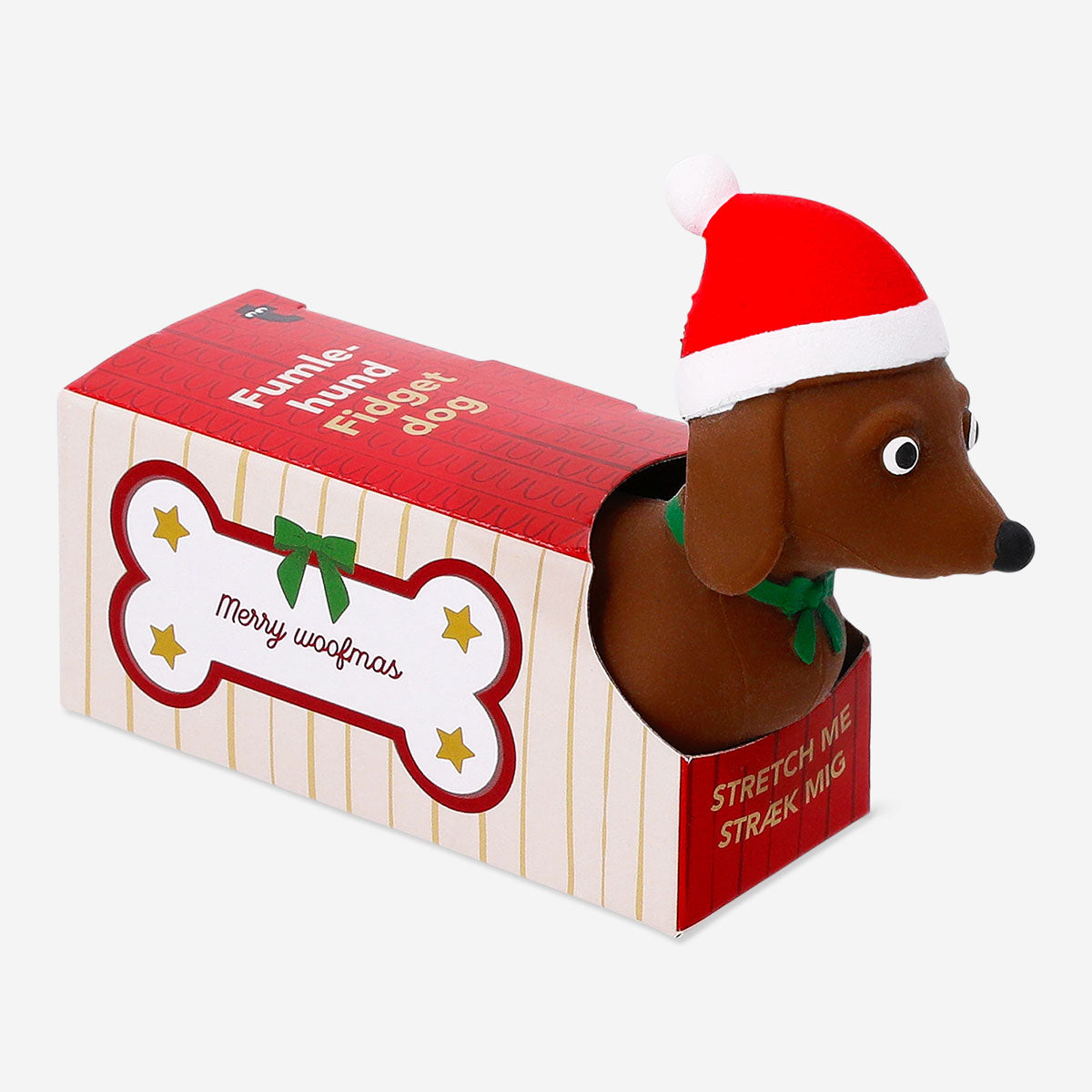 Flying Tiger Copenhagen Christmas sausage dog press me toy, fun gadget featuring a festive holiday design and soft, squeezable texture.