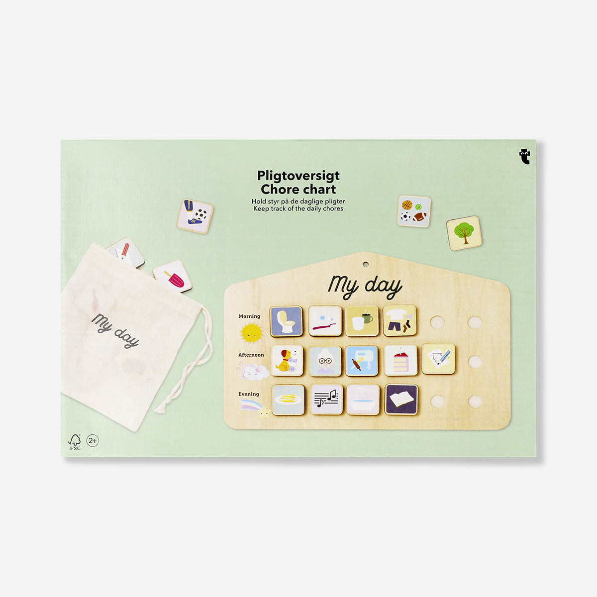 Wooden chore chart toy by Flying Tiger Copenhagen, featuring colorful task cards and hanging pegs for kids' daily routines.