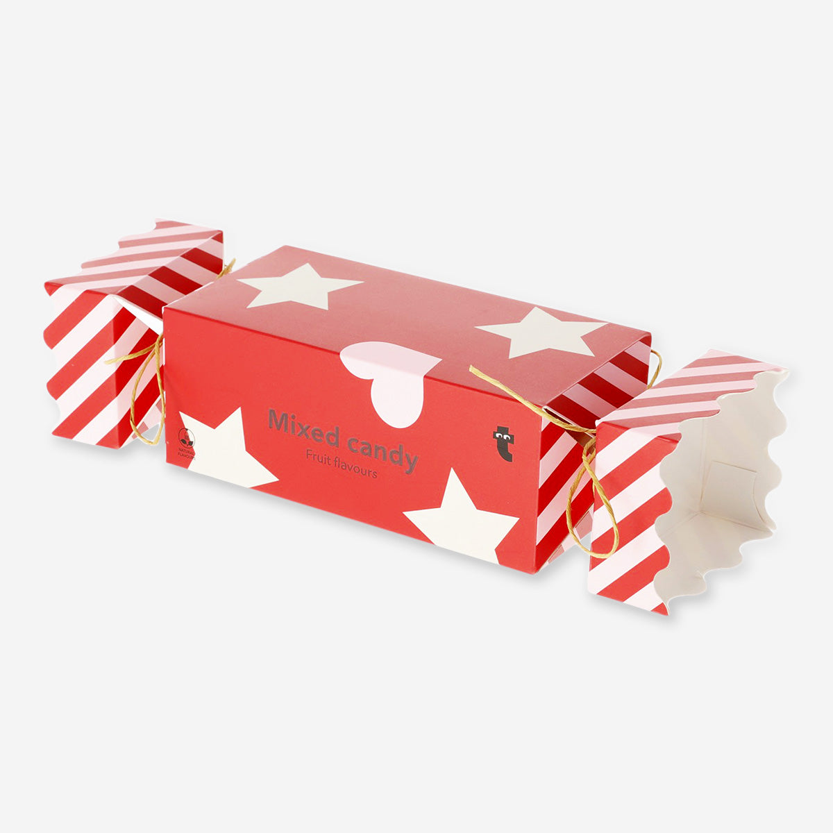 Flying Tiger Copenhagen Christmas cracker with mixed candy, featuring strawberry gummies and fruit-flavored marshmallows inside.