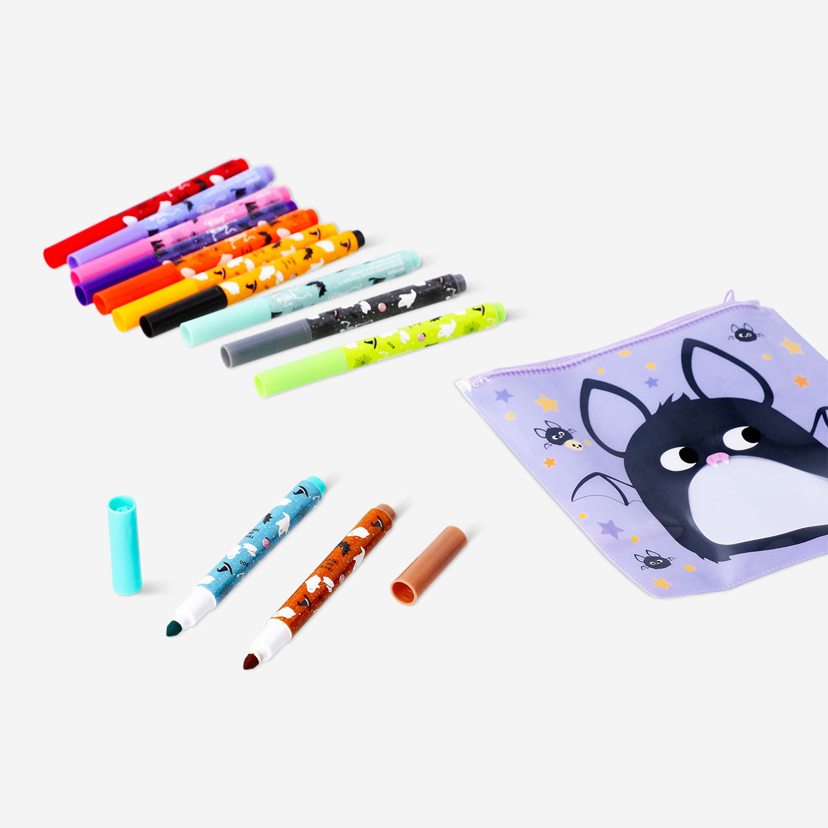Halloween themed markers set with 12 colorful office markers from Flying Tiger Copenhagen, featuring spooky designs and vibrant ink.