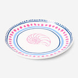 Ceramic 20cm kitchen plate with dotted pattern and seashell design by Flying Tiger Copenhagen, showing a decorative shell and colorful dots.