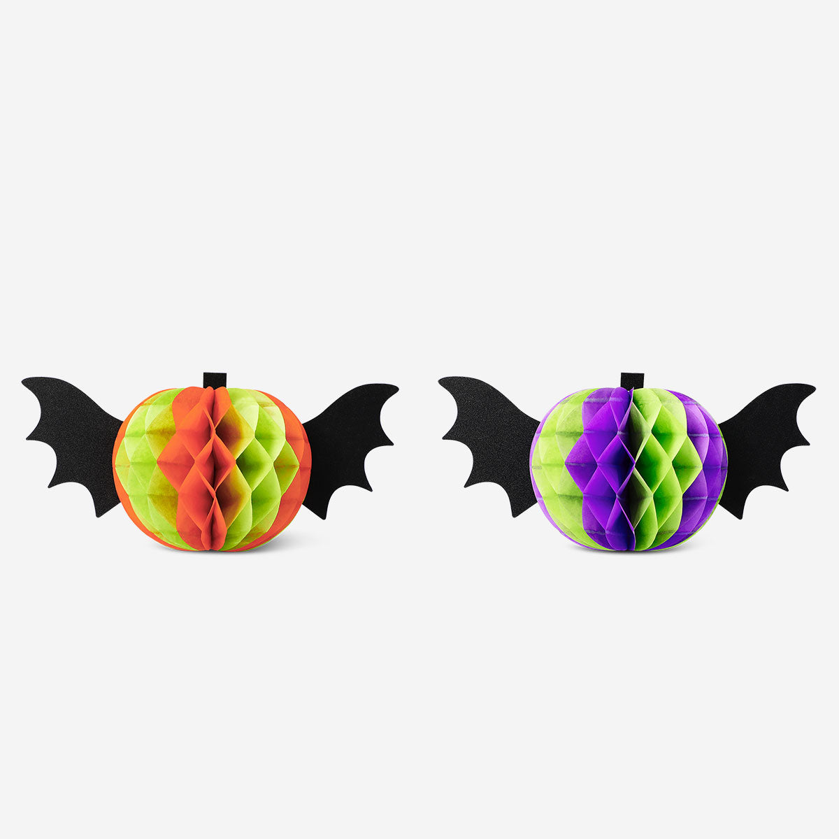 Two Honeycomb paper pumpkin party decorations with wings, colorful and lightweight, perfect for festive table settings.