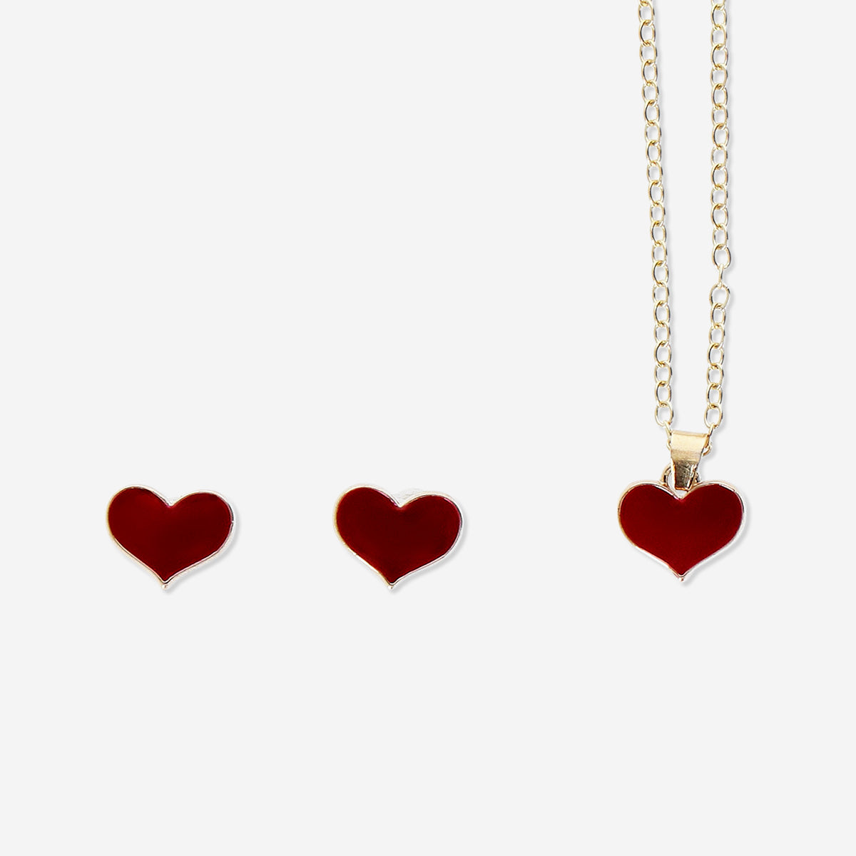 Gold jewellery set with red hearts - 3 pcs