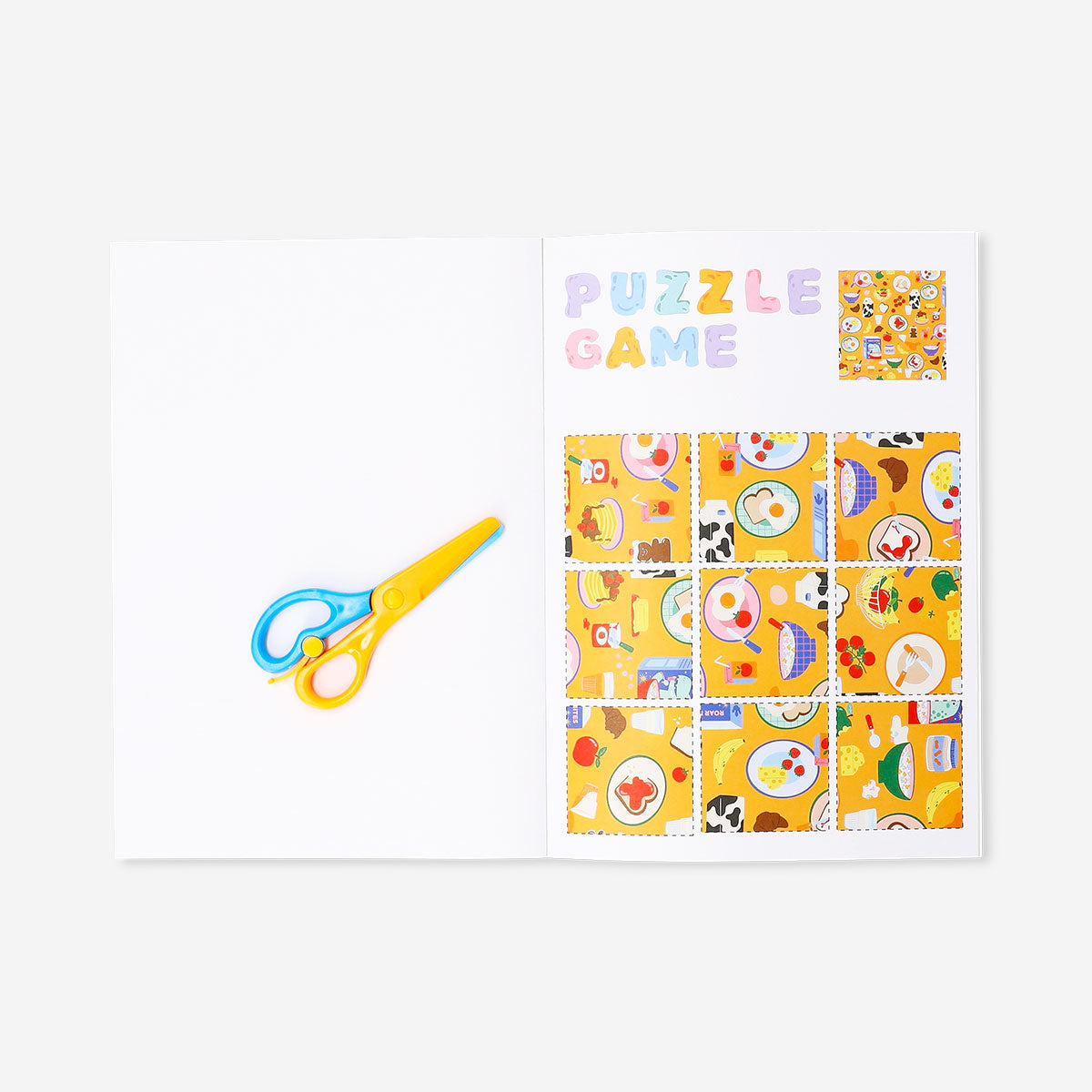 Flying Tiger Copenhagen activity hobby book showing children learning to use scissors with colorful illustrations.