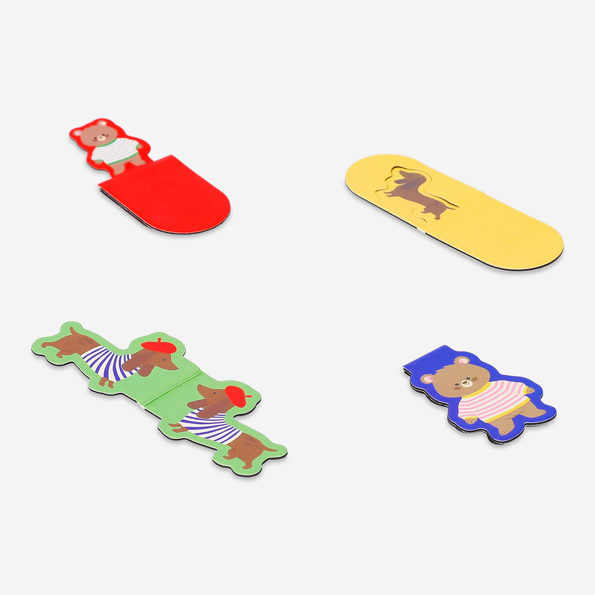 Set of 4 Flying Tiger Copenhagen magnetic bookmarks featuring cute sausage dogs and bear designs for office use.