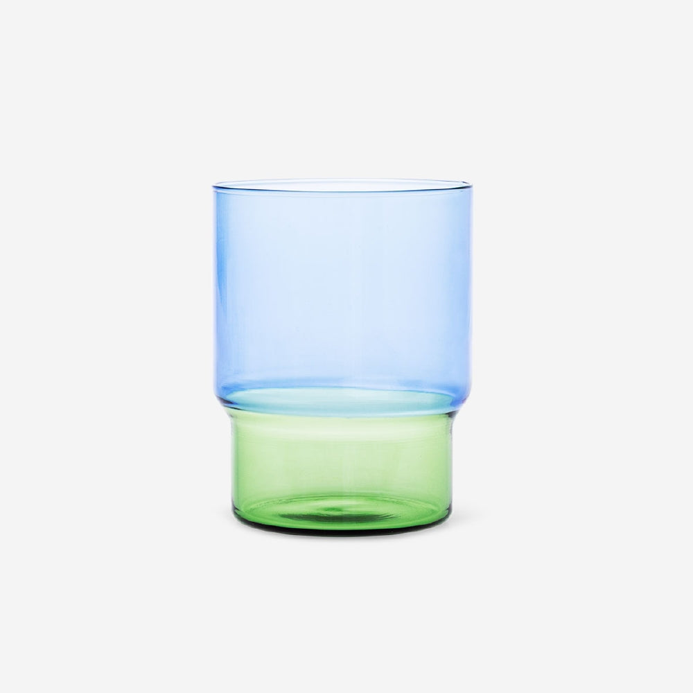 Blue and green 400 ml drinking glass from Flying Tiger Copenhagen, kitchenware with a colorful glass design.