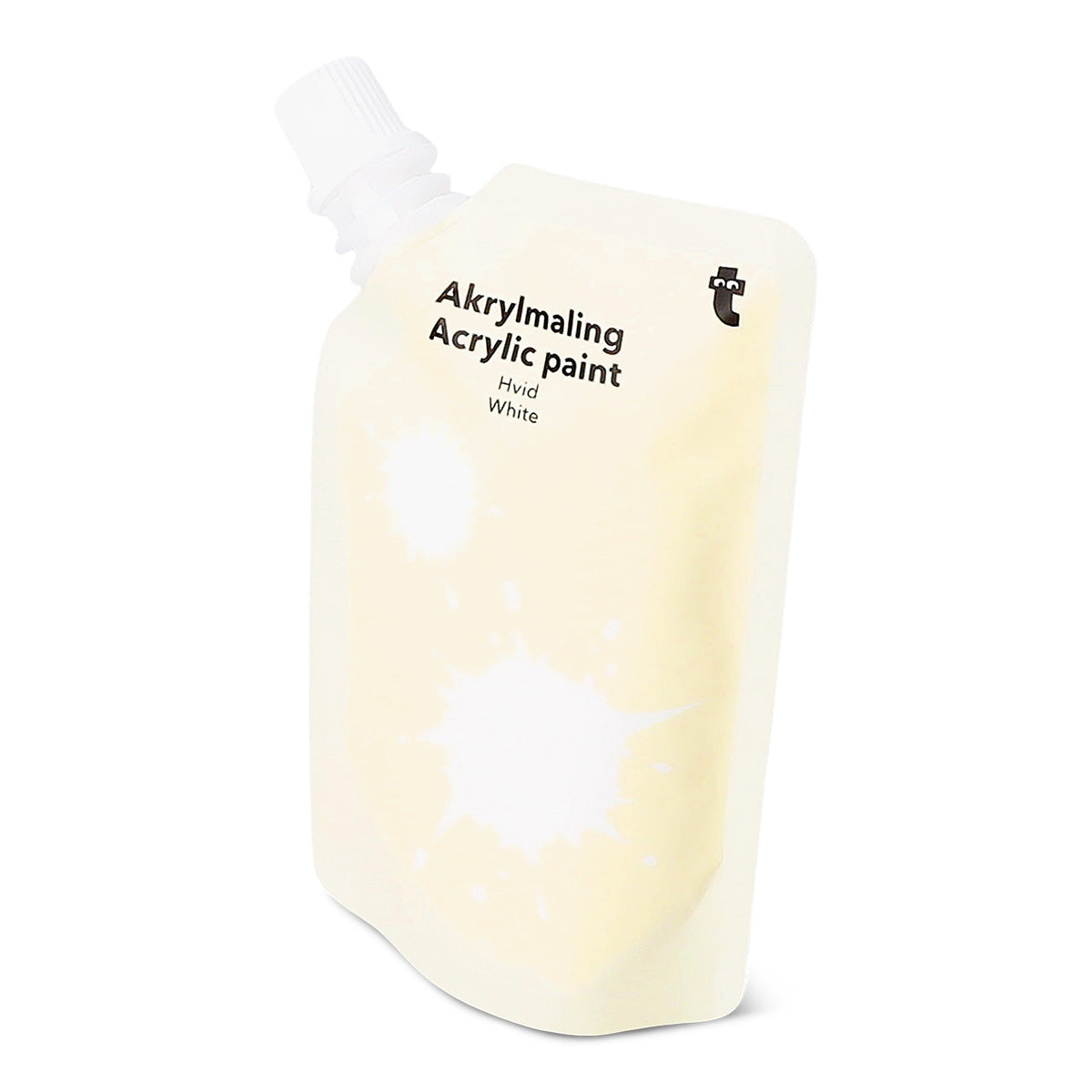 White acrylic paint in an 80 ml bottle from Flying Tiger Copenhagen for hobby crafts, shown with the cap off and paint visible inside.