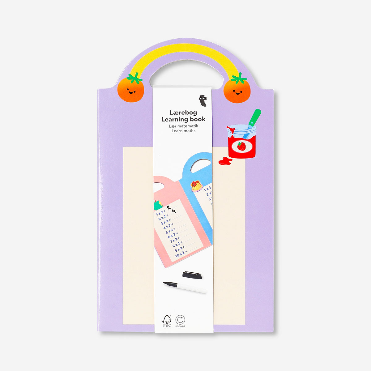Reusable math learning book by Flying Tiger Copenhagen featuring colorful pages and engaging exercises for hobby-based learning.