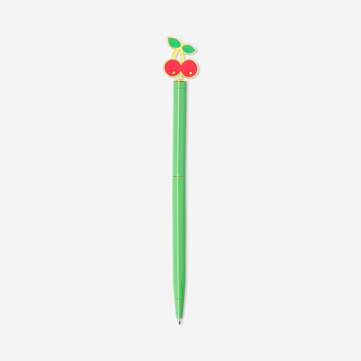 Green Flying Tiger Copenhagen office ballpoint pen with a cherry-shaped topper for writing and decorative use.