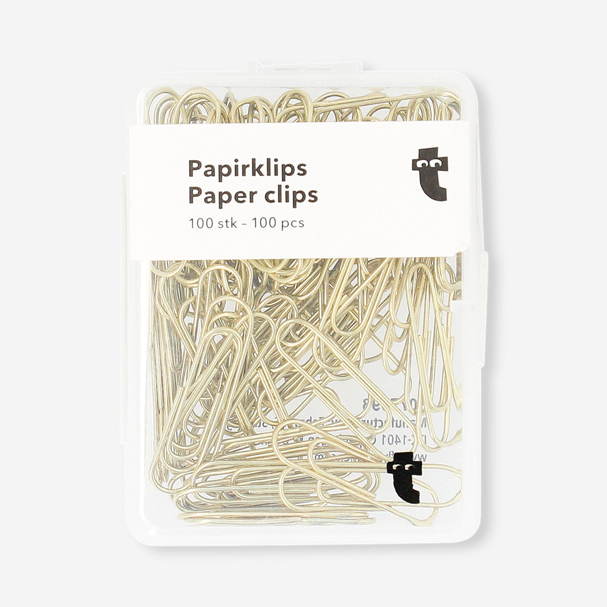 Set of 100 office paper clips from Flying Tiger Copenhagen, arranged in a neat pile on a white background.
