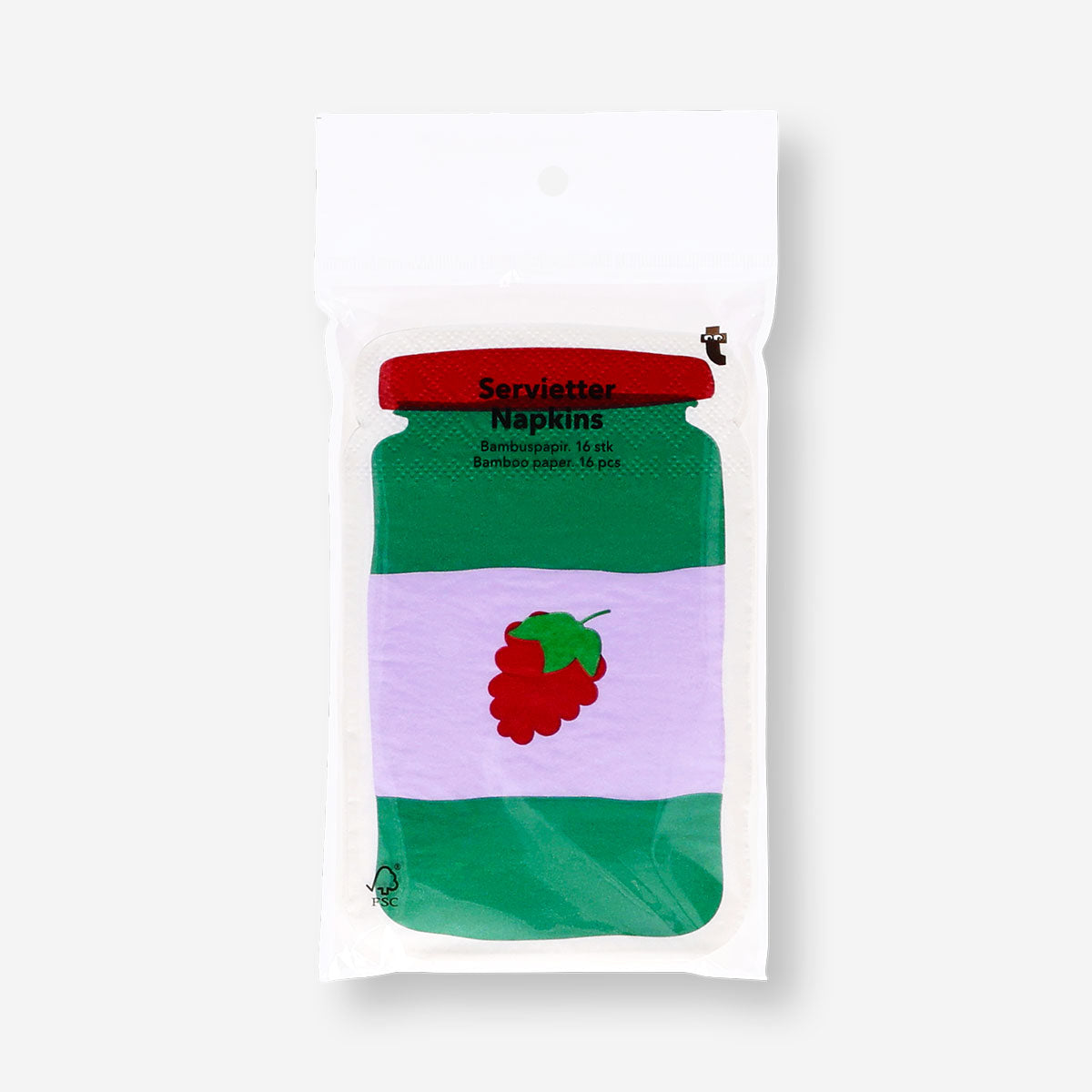 Set of 16 Flying Tiger Copenhagen jam jar-shaped party napkins with colorful jam jar designs on paper.