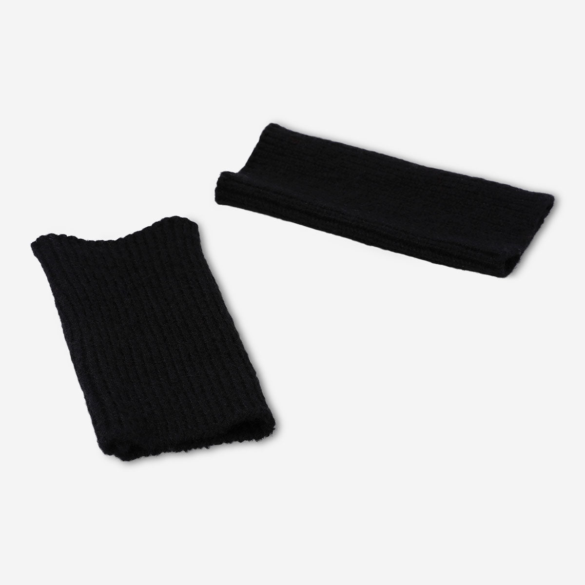 Black fingerless textile gloves by Flying Tiger Copenhagen, one size fits most, shown laid flat with open fingertips.