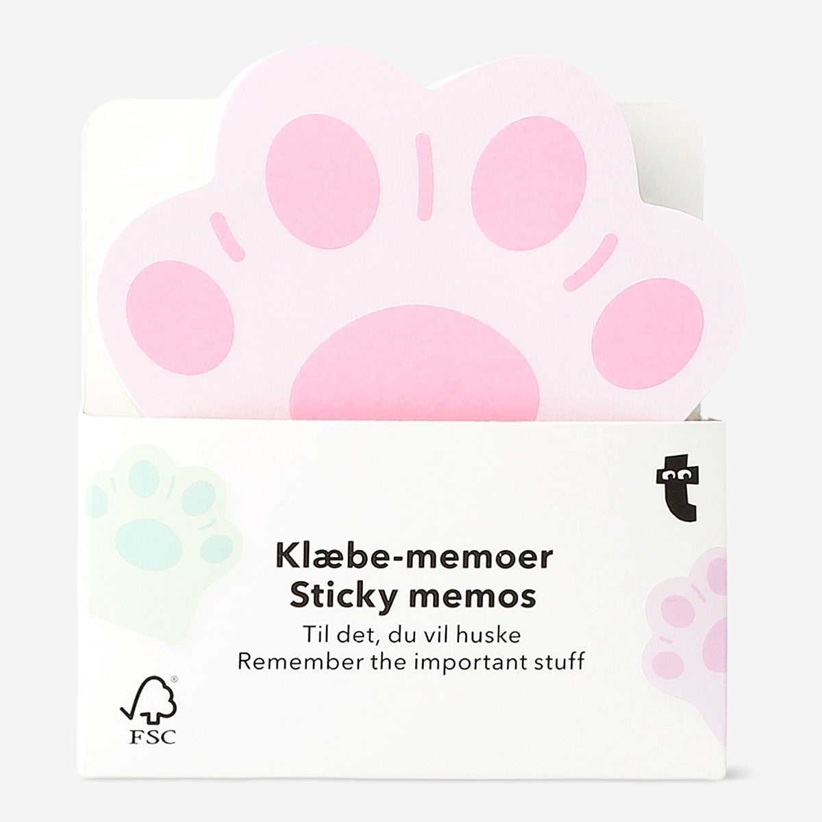 Sticky memos shaped like paw prints, office supplies from Flying Tiger Copenhagen, displayed in a colorful set.