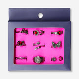 Set of nine adjustable gothic textile rings with romantic designs, perfect for gothic fashion accessories.