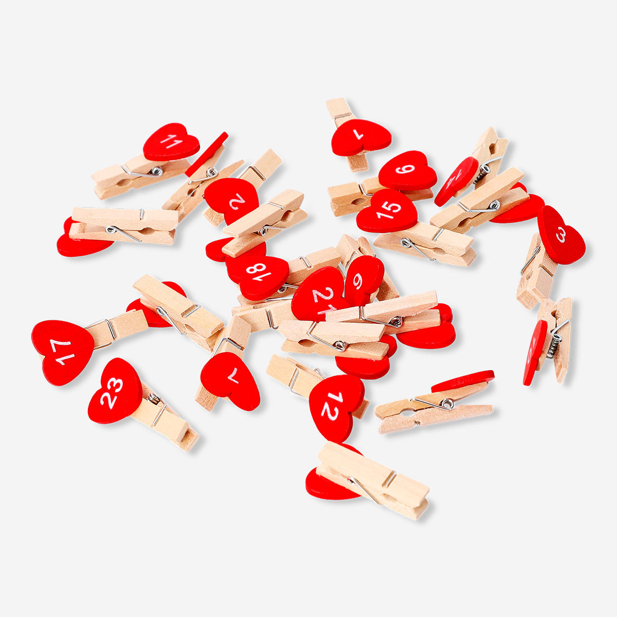 Set of 24 Flying Tiger Copenhagen office pegs with heart and number designs on colorful clips for organizing and decorating.