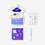 Flying Tiger Copenhagen stationery kit in a playful mouse-shaped backpack with pens, notebooks, and office supplies inside.