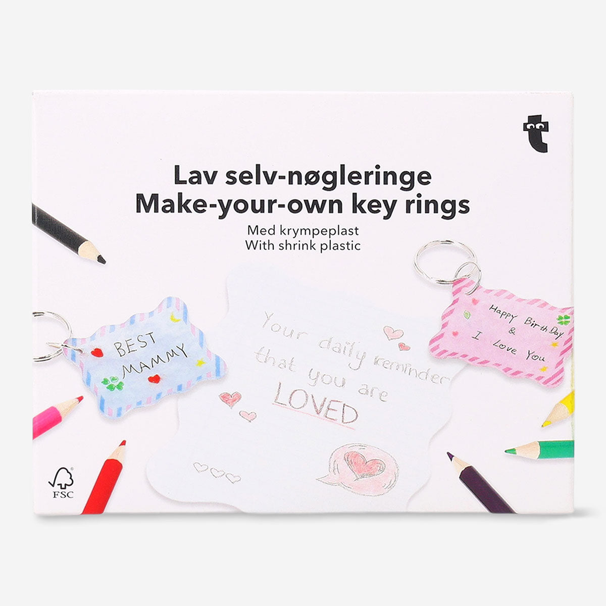 Colorful DIY keyrings made with shrink plastic, hobby craft project by Flying Tiger Copenhagen shown in the image.