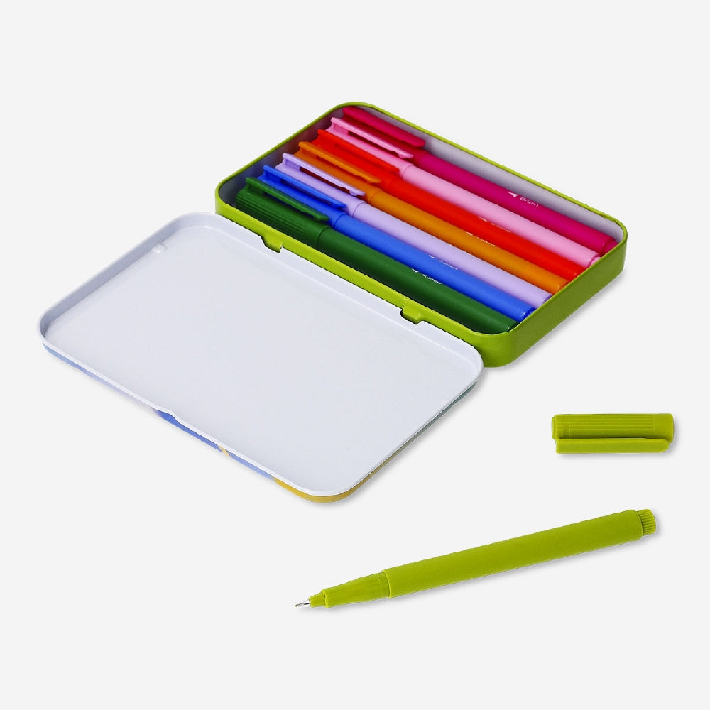 Set of 8 Flying Tiger Copenhagen drawing pens in a tin box, ideal for office or art projects, with fine tips and vibrant ink.
