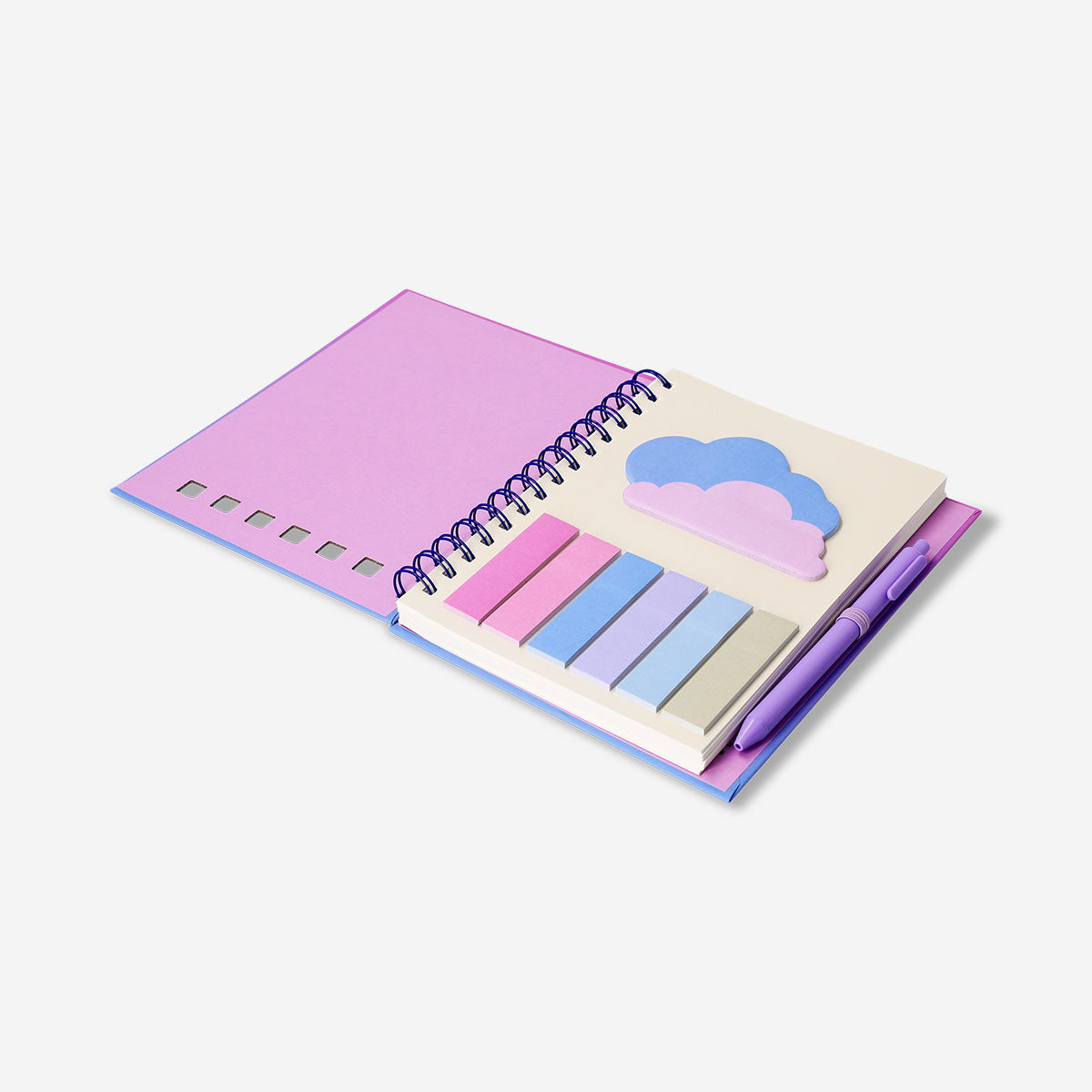 Gradient office notebook with Flying Tiger Copenhagen ballpoint pen and colorful page markers on a desk.