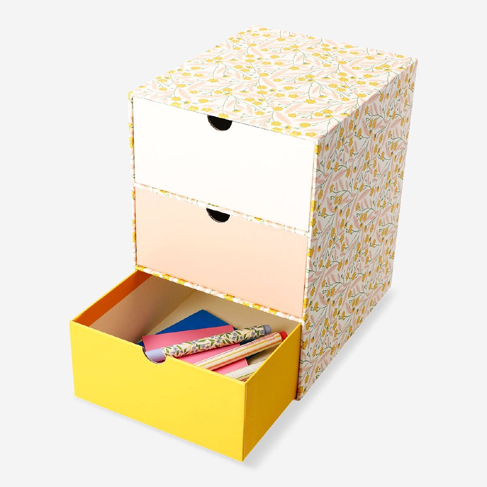 Flying Tiger Copenhagen floral desk organiser with three drawers, ideal for office storage and organizing stationery.