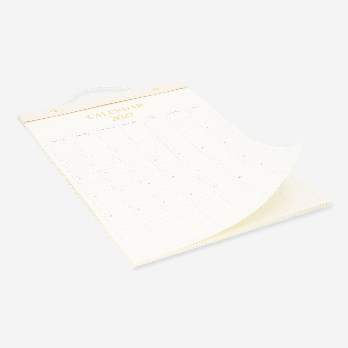Hanging 2027 office monthly calendar by Flying Tiger Copenhagen with colorful grid layout on white background.