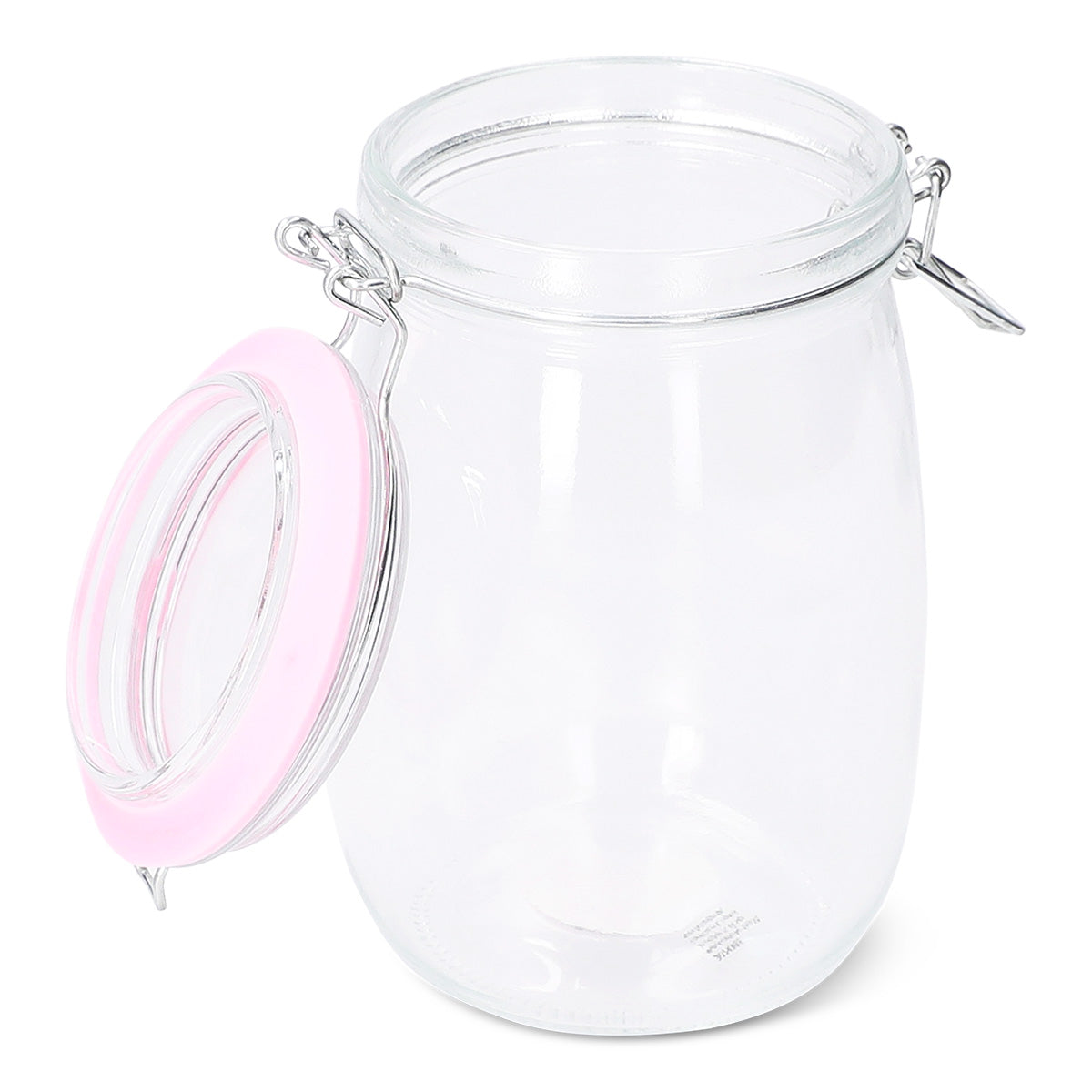 Glass jar with pink rim, 17 cm tall, from Flying Tiger Copenhagen, suitable for kitchen storage or decorative use.