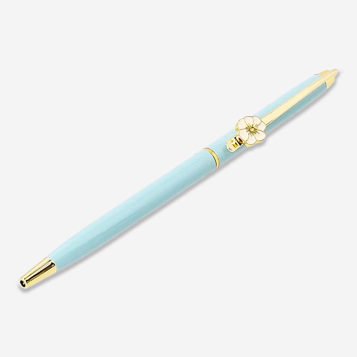 Blue Flying Tiger Copenhagen ballpoint pen with fold flower clip for office use, featuring a sleek design and colorful floral detail.