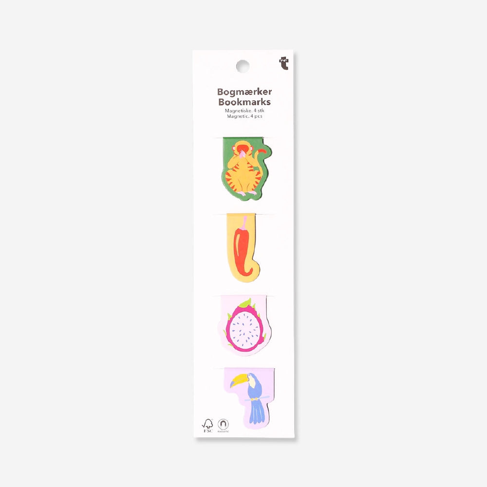 Set of four jungle-themed magnetic bookmarks by Flying Tiger Copenhagen for office and reading use.