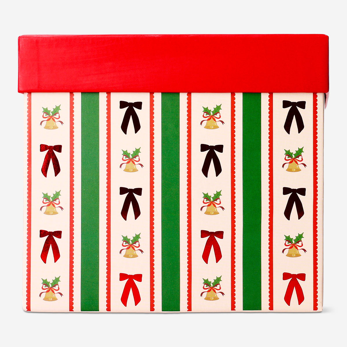 Decorative office gift box with blue stripes and bows, measuring 14x14 cm, by Flying Tiger Copenhagen.