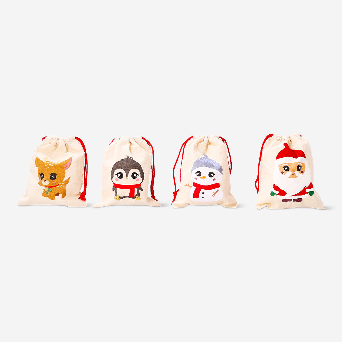 Set of four Cotton gift bags with Christmas character prints, ideal for office gifting by Flying Tiger Copenhagen.