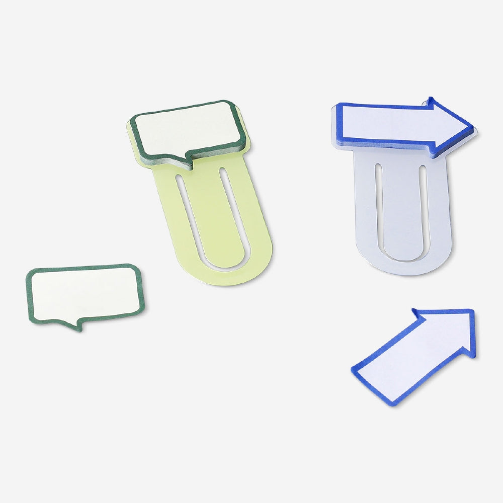 Set of two Flying Tiger Copenhagen office paper clips with sticky memos attached, suitable for organizing documents and notes.