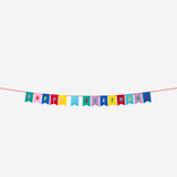 Colorful felt birthday garland with "Happy Birthday" message, perfect for party decorations, by Flying Tiger Copenhagen.