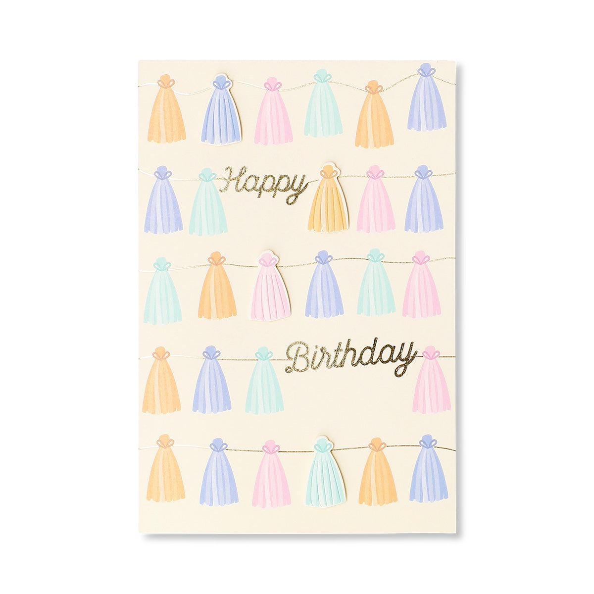 Office birthday card with colorful tassel garland and festive design from Flying Tiger Copenhagen, perfect for celebrations.