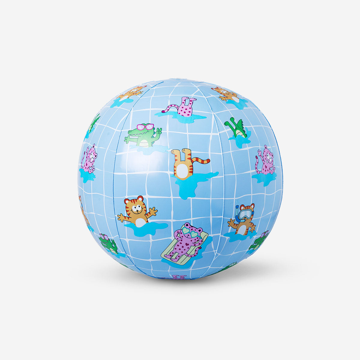Blue inflatable beach ball toy from Flying Tiger Copenhagen, 30 cm diameter, shown inflated and ready for beach fun.