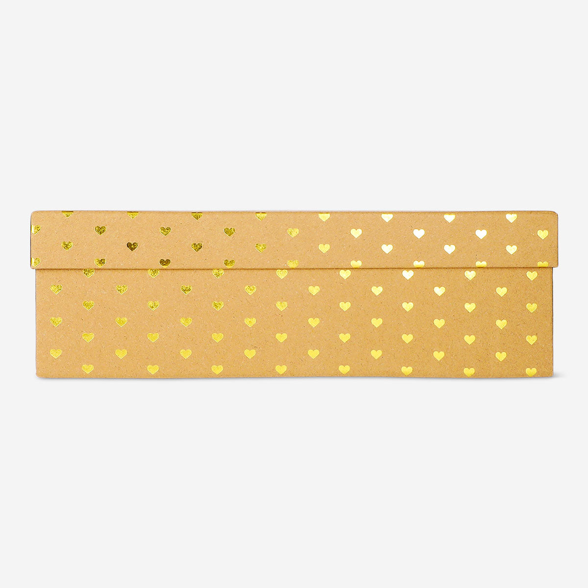 Brown Flying Tiger Copenhagen gift box with gold hearts, 28x20x9 cm, designed for office gifts or packaging.