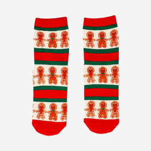 Flying Tiger Copenhagen gingerbread people socks in size 36/38, featuring festive textile design with colorful gingerbread figures.