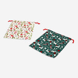 Two Christmas print drawstring gift bags for office use, featuring festive holiday designs from Flying Tiger Copenhagen.