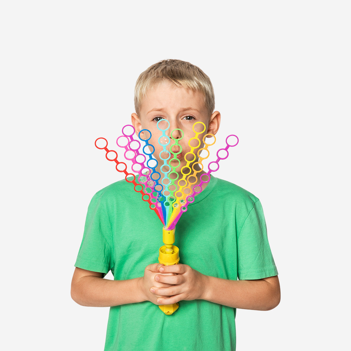 Flying Tiger Copenhagen soap bubble wand fan toy with colorful plastic handle and multiple bubble-blowing openings.