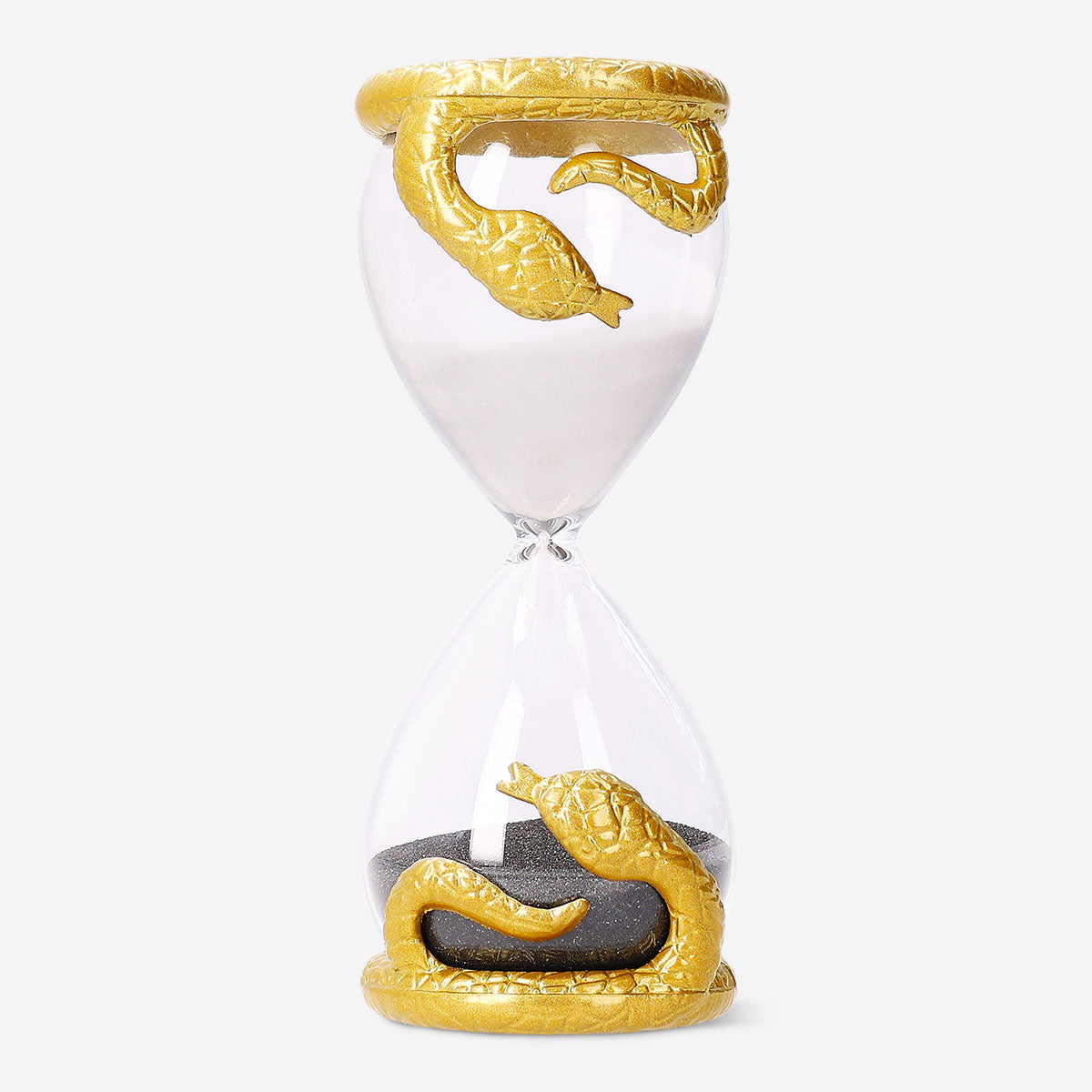 Decorative hourglass with snake design, Flying Tiger Copenhagen gadget, featuring a glass timer and intricate snake detail.