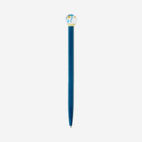 Blue Flying Tiger Copenhagen ballpoint pen with a globe-shaped topper featuring a colorful flower design.