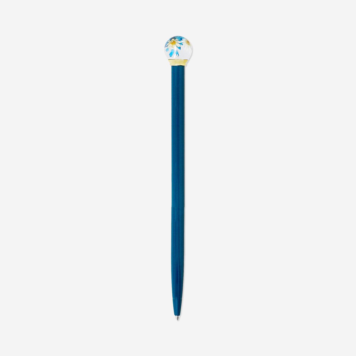 Blue Flying Tiger Copenhagen ballpoint pen with a globe-shaped topper featuring a colorful flower design.