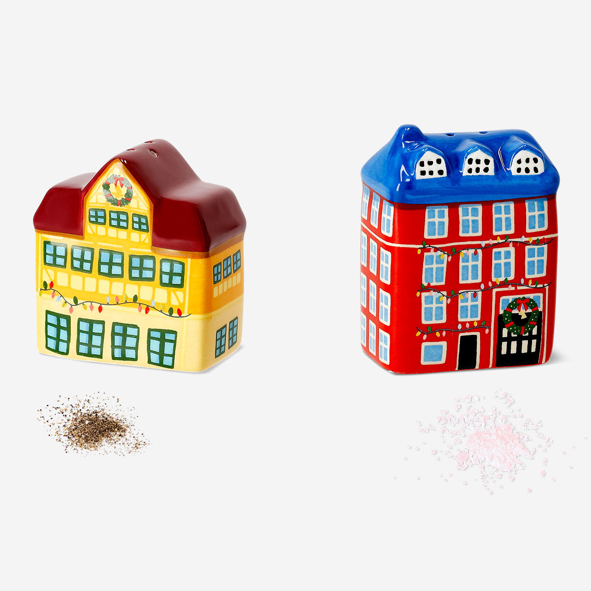 Salt and pepper house set from Flying Tiger Copenhagen, featuring two ceramic kitchen containers with cute house designs.