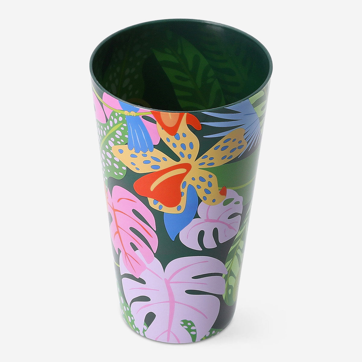 Two reusable party cups with vibrant tropical print from Flying Tiger Copenhagen, perfect for summer gatherings.