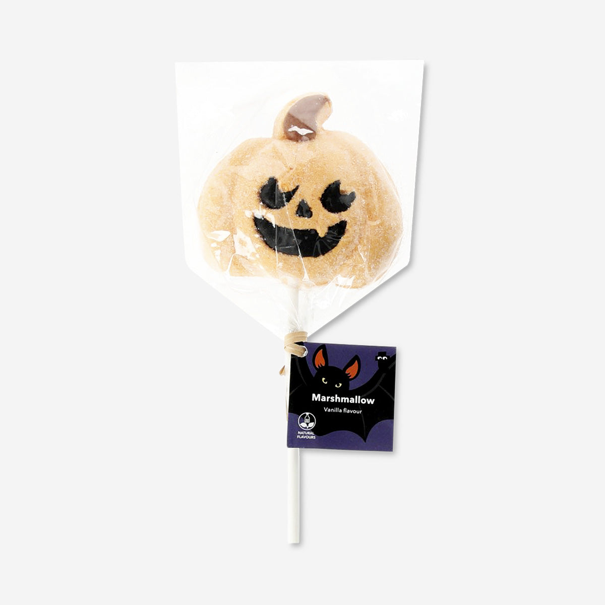 Sweet marshmallow on a stick with pumpkin flavor, from Flying Tiger Copenhagen, shown on a plain background.
