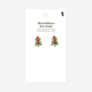 Textile ear studs featuring big holly design from Flying Tiger Copenhagen, with vibrant red and green fabric details.