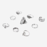 Set of nine adjustable Gothic textile rings with intricate designs, ideal for fashion accessories and alternative style.