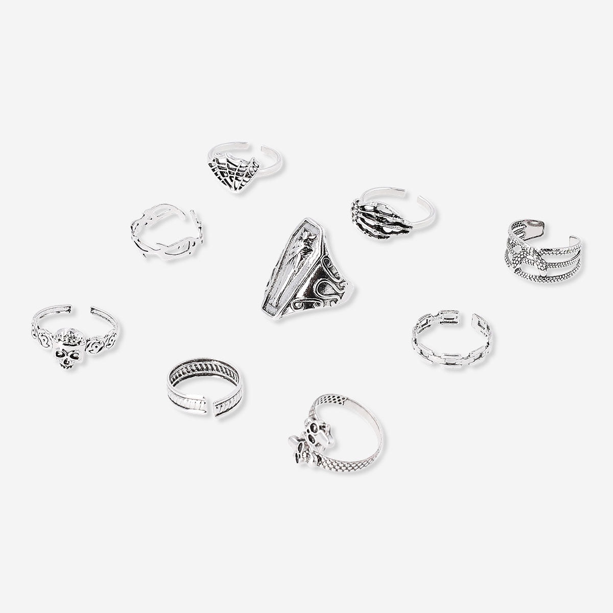 Set of nine adjustable Gothic textile rings with intricate designs, ideal for fashion accessories and alternative style.
