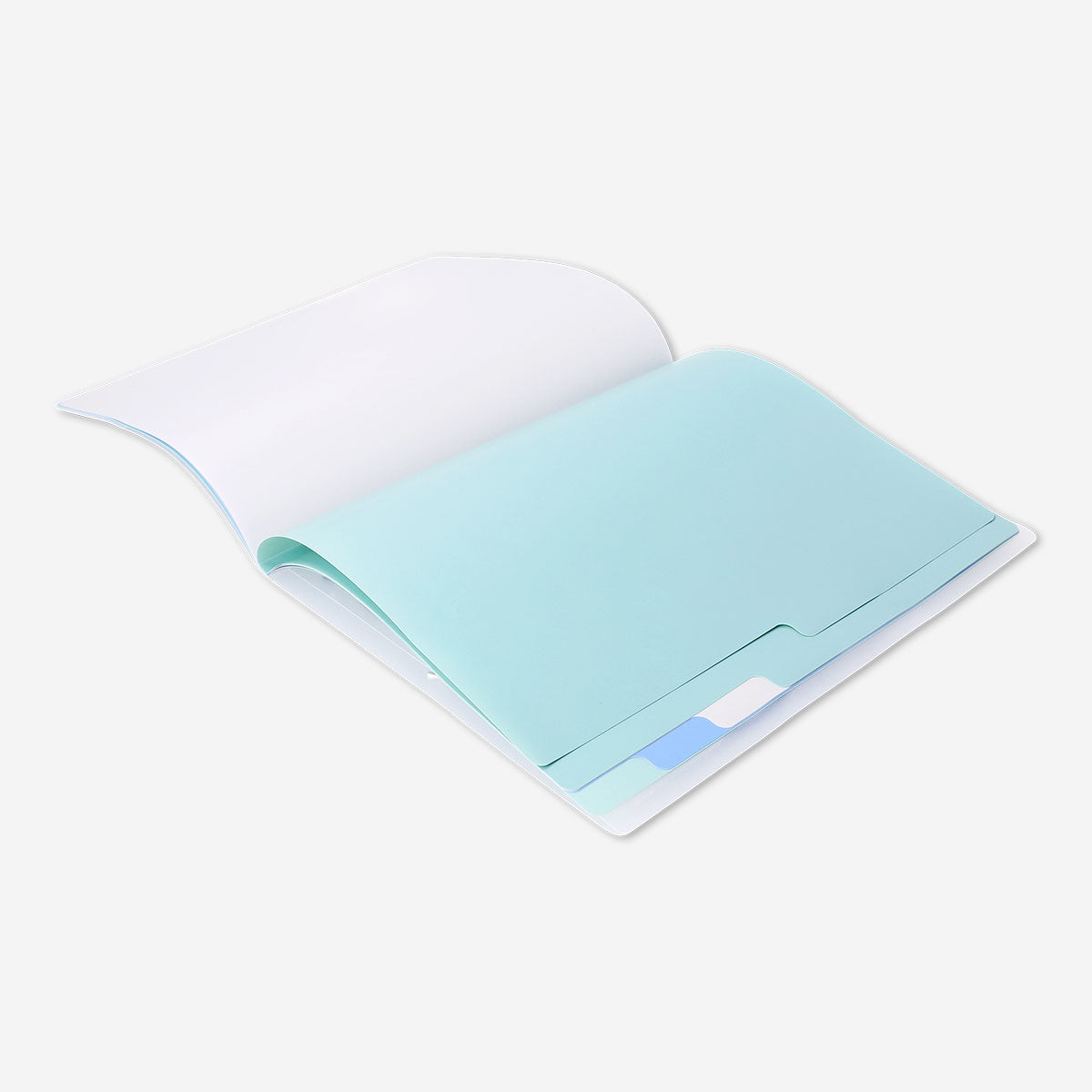 A4 office document folder with index tabs from Flying Tiger Copenhagen, open to show organized paper storage.