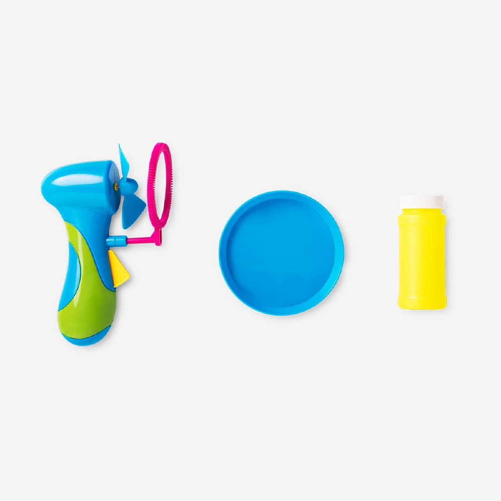 Flying Tiger Copenhagen soap bubble blaster toy with colorful bubble wand and swirling soap bubbles in action.